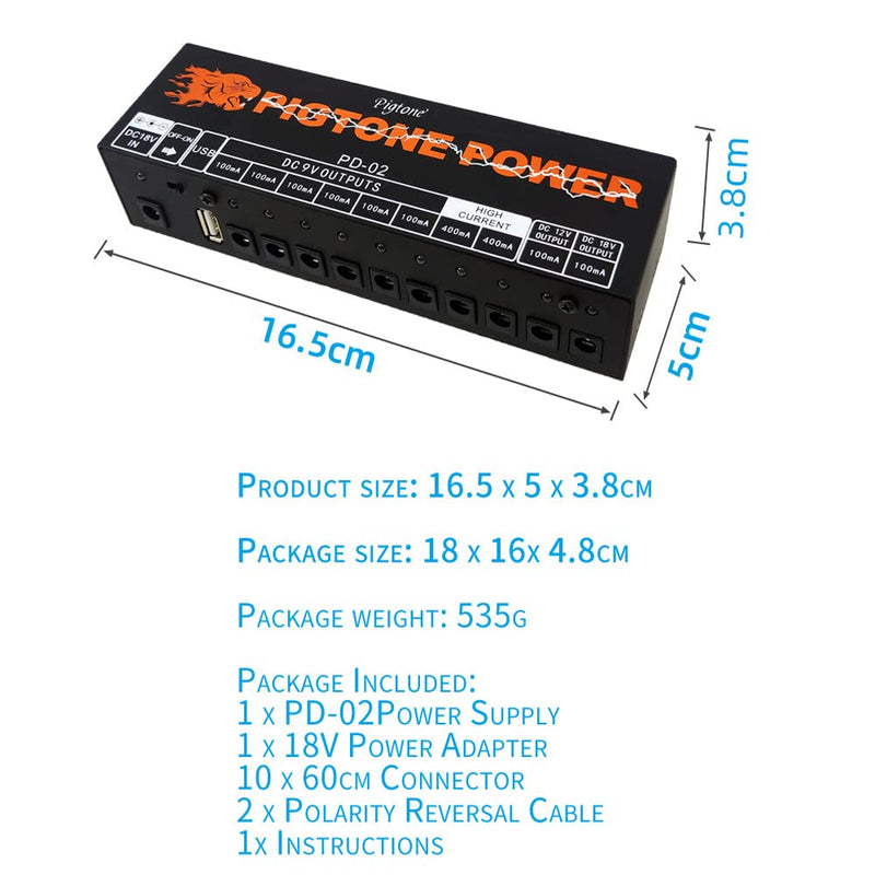[AUSTRALIA] - Guitar Pedal Power Supply 10 Isolated DC Outputs for 9V/12V/18V Effect Pedal with USB Port PD-02 