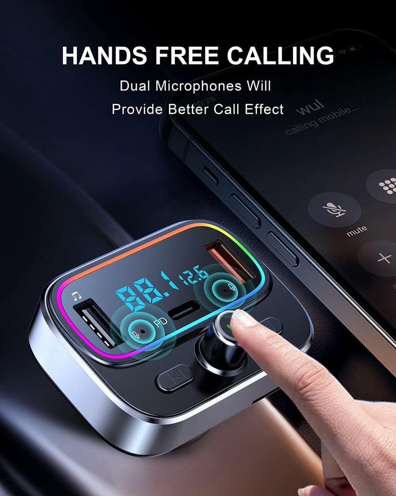 [AUSTRALIA] - Bluetooth 5.4 FM Transmitter for Car Wireless Radio Adapter Kit, Hands-Free Calling Dual Microphone, Fast Charging 18W & PD 20W for All Smartphones Audio Players, Supports TF/SD Card and USB Disk 
