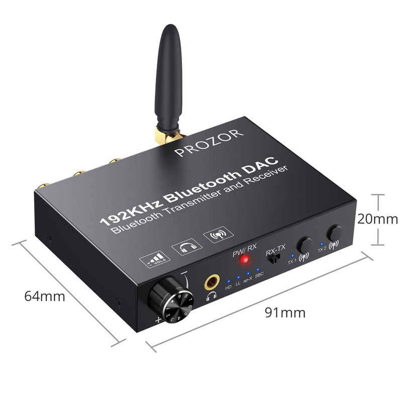 PROZOR 192KHz DAC Digital to Analog Audio Converter with Bluetooth 5.0 Audio Transmitter and Receiver, Optical to L/R Converter with aptX HD aptx Low Latency Wireless Audio Adapter Bluetooth Transmitter and Receiver