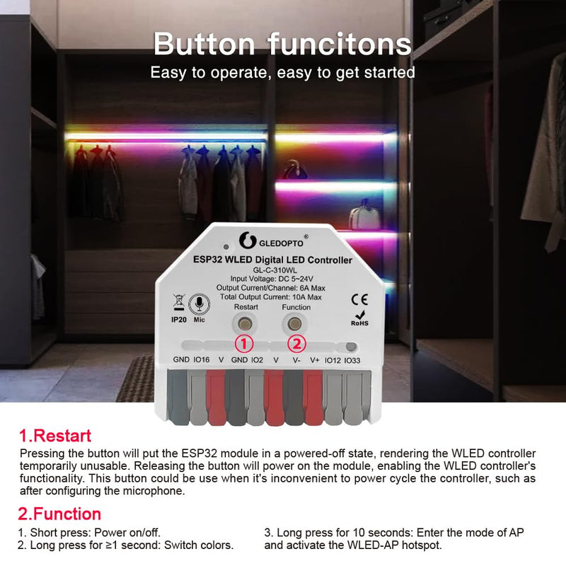 GLEDOPTO ESP32 Mini WLED Controller DIY Music Dynamic RGB Lighting for WS2811 WS2812 SK6812 TM1814 Strips (ESP32 with Microphone)