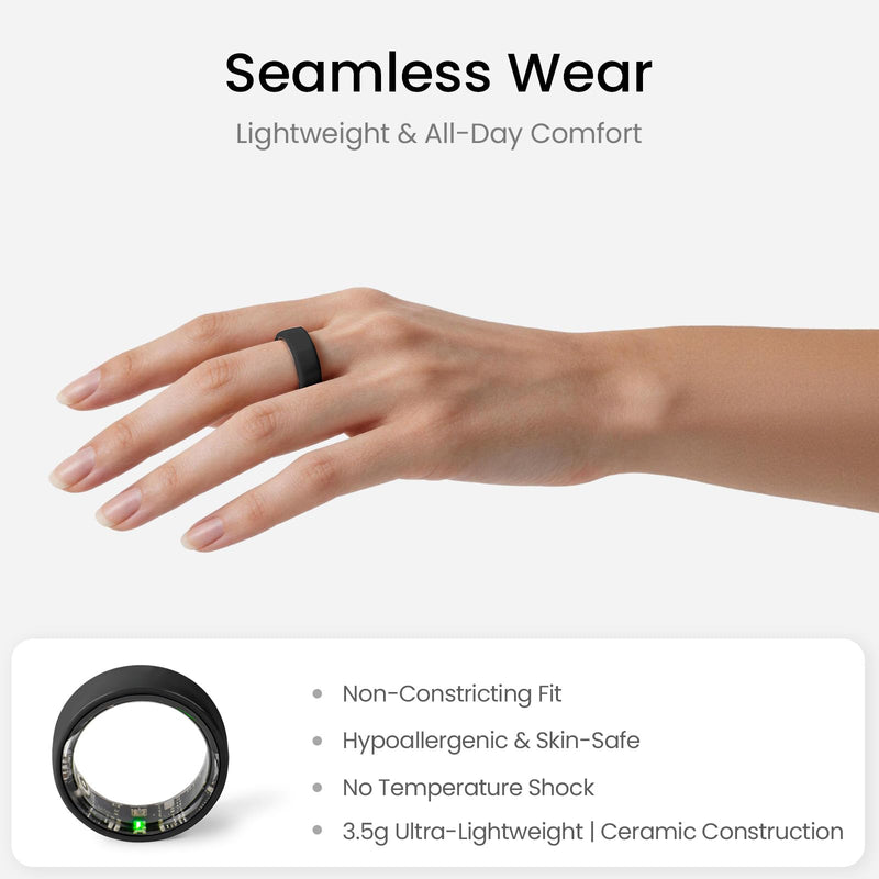 MounTova-T3-Ring, 2026 Ceramic Smart Ring for Men & Women, Sleep Activity Tracker, Heart Rate Stress & Mood Monitor, Gesture Control, IP68 Waterproof, No Subscription, iOS & Android (Black, Size 9)