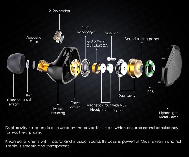 KEFINE Klean in-Ear Monitors, IEMs for Gaming, 10mm DLC Diaphragm Dynamic Driver Earphones, Dual-Cavity IEMs with Silver-Plated Copper Cable, 3.5mm Wired Earbuds (Black, No Mic 3.5mm) Black