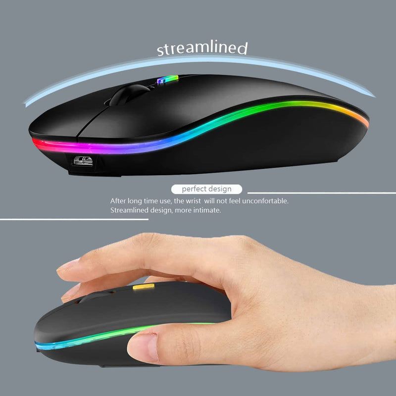 Wireless Bluetooth Mouse,LED Rechargeable Silent Slim Laptop Mouse,Portable(BT5.2/3.0 and USB 2.4G) Dual Mode Computer Mice,for Apple Laptop,ipad Tablet,Desktop,Mac,Phone. (Black Mouse) Black Wireless Bluetooth Mouse