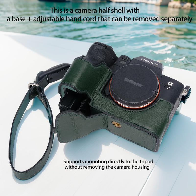Bowan for Sony A7 Mark IV Camera Case,Handmade Genuine Real Leather Half Camera Case Bag Cover for A7IV A7M IV A7M4 A7 Mark IV A7RV A7R5 Camera Bottom Opening Version + Hand Strap (Green) Green