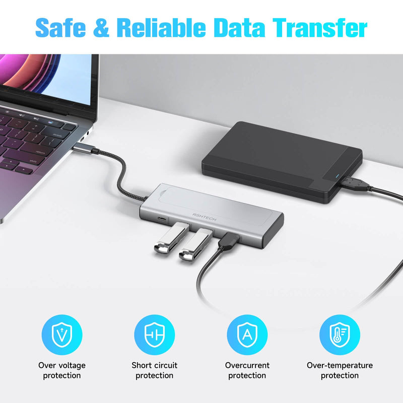 RSHTECH 5-in-1 USB C Hub with M.2 NVMe/SATA SSD Enclosure | 10Gbps USB Data Ports (1A + 2C) and 100W Power Delivery, Aluminum USB-C Dock Dongle for MacBook, Laptops, RSH-D05P Silver