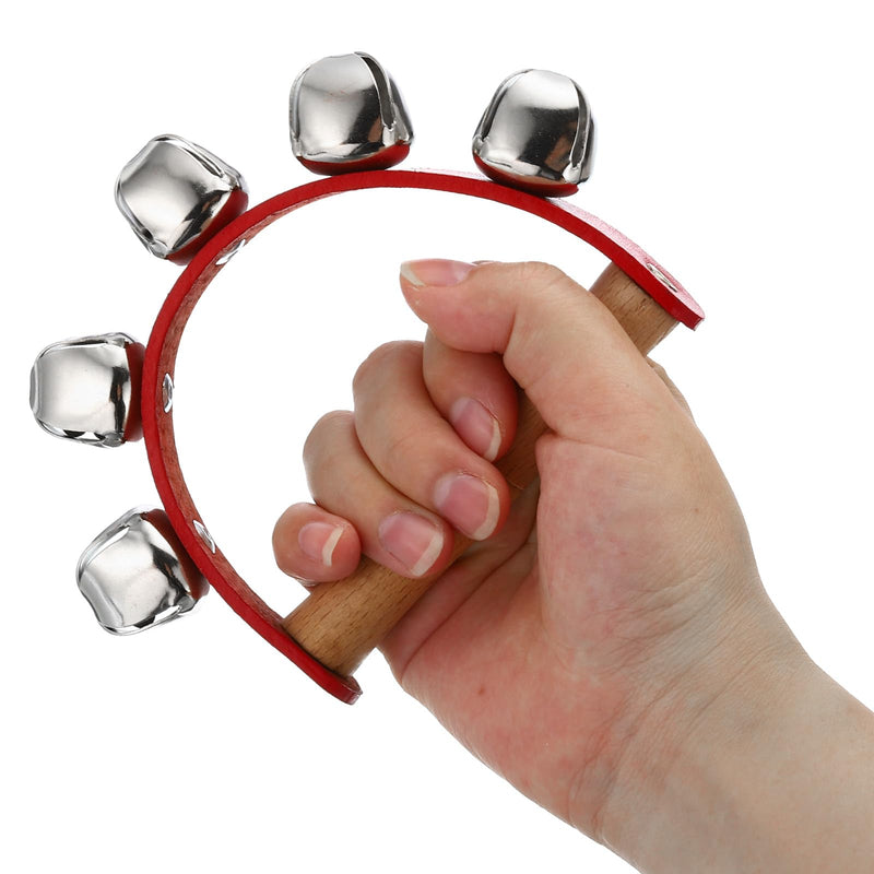 PATIKIL 6pcs Hand Jingle Bells, Hand Bell Handheld Wrist Bells Sleigh Bells Wooden Hand Percussion Instruments Musical with 5 Bells for Music Class Party Christmas, Red 6
