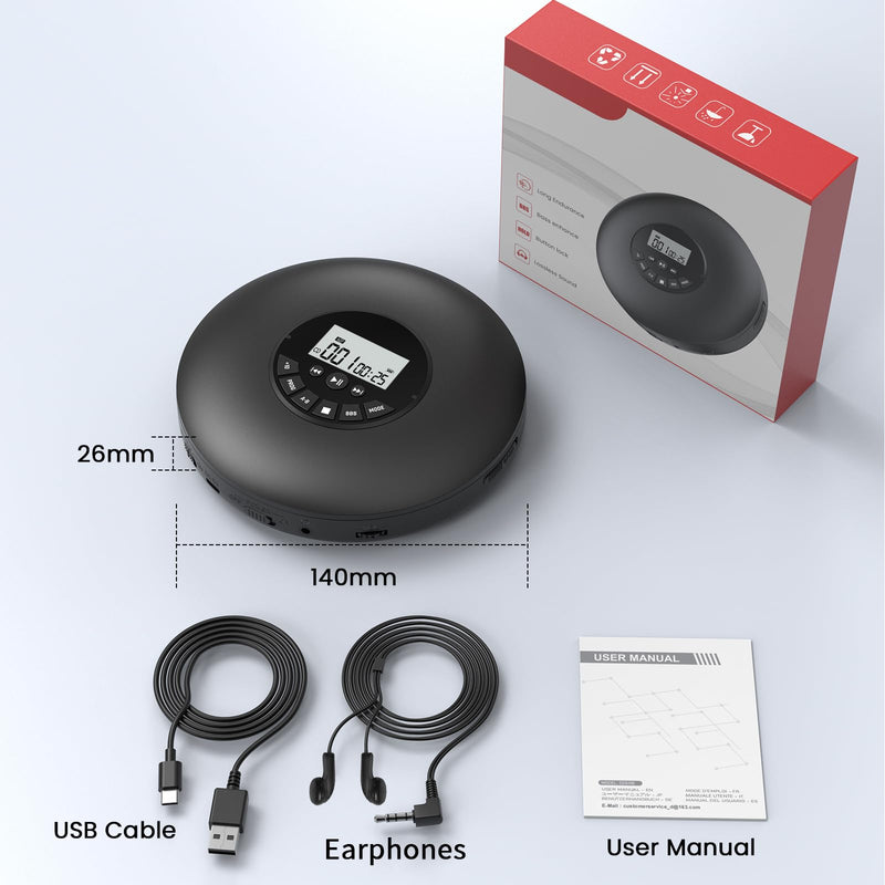 [AUSTRALIA] - Arafuna Portable CD Player-Compact Discman CD Player-Personal Music Player with CD-R & CD-RW Playback Anti-Skip Protection, Programmable Tracks - Earphones Included Black 