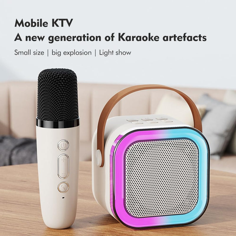 Pilarmuture Mini Karaoke Machine with 2 Wireless Microphones, Dual Noise Reduction, Voice Change with Multiple Modes, Bluetooth, White