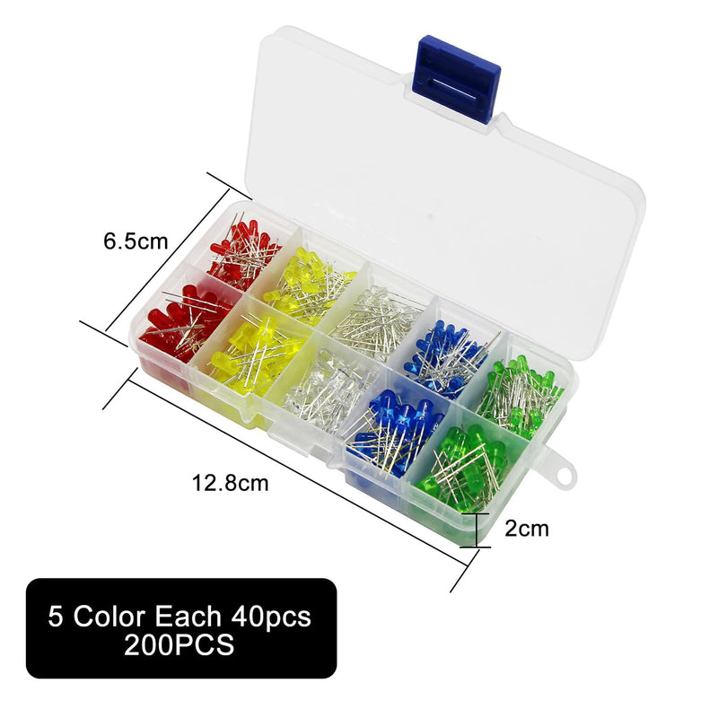 AQSQWQ Pack of 200 LED Light Emitting Diodes 5 mm LED Diodes 3 V Light Emitting Diode Assortment Kit 5 Colours Red Blue Yellow Green White Round Head 2 Pin Extra Bright LED Light, Diffuse Diodes Set