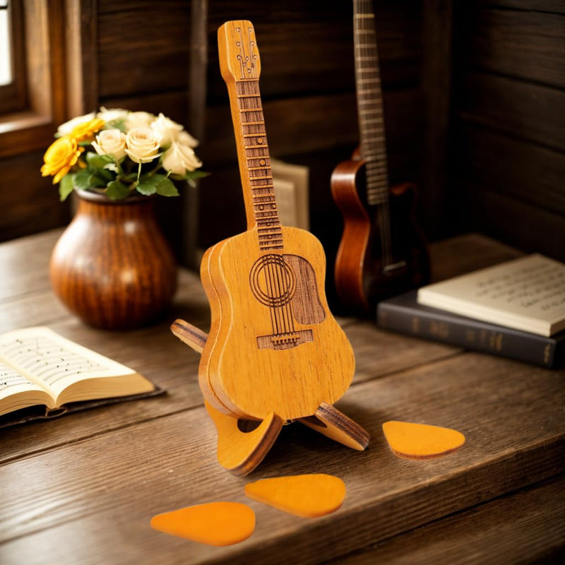 Wooden guitar pick case, with stand, wooden acoustic guitar pick box，3 wooden guitar picks, guitar shape replica guitar pick case, suitable for bass guitar ukulele lovers guitar pick case.