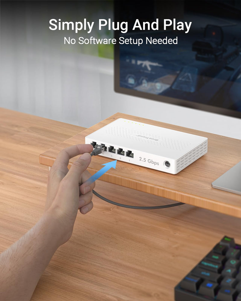 BrosTrend 5 Port 2.5Gb Switch Unmanaged for PC, Game Consoles, NAS, Server | 2.5 Gigabit Ethernet Switch Multi-Gigabit Plug & Play for Gaming, Fanless Quiet, Desktop / Wall Mount, Lifetime Protection