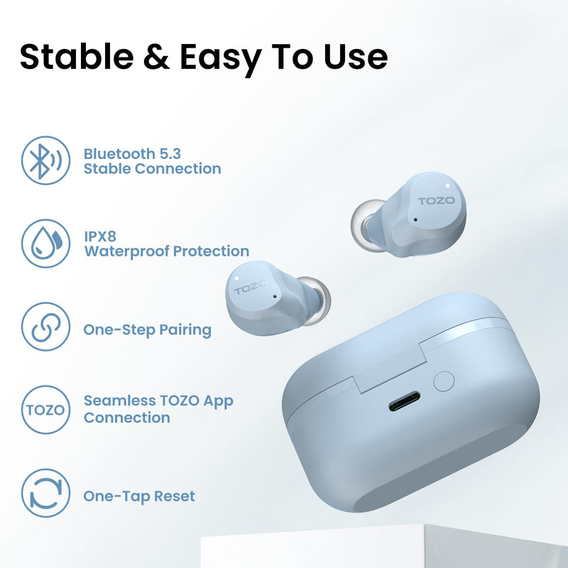 TOZO NC9 Hybrid Active Noise Cancelling Wireless Earbuds, 60H, LED Display | 6 Mic ENC Clear Calls, Deep Bass Sound, IPX8, in Ear Bluetooth 5.3 Headphones,32 EQs via APP,Comfort Fit Ear Buds,Light Blue Dusty Blue