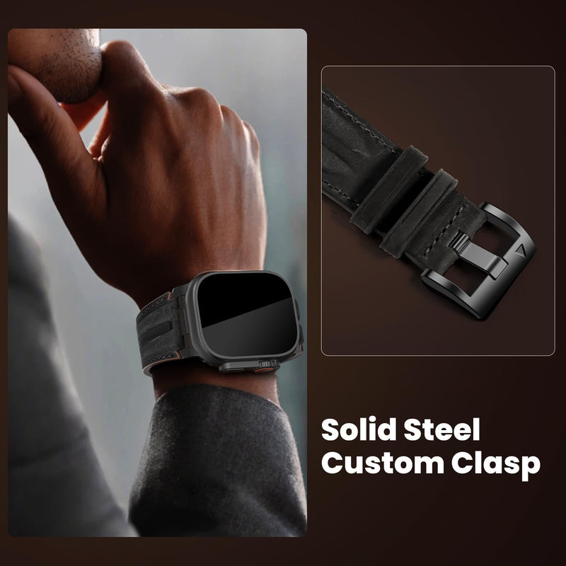 Top Grain Genuine Leather Compatible with Apple Watch Ultra Band 49mm 46mm 45mm 44mm 42mm, Rugged Metal Connector Band Strap for Women Men iWatch Ultra 2/1 Series 10 9 8 7 6 5 4 3 2 1 SE