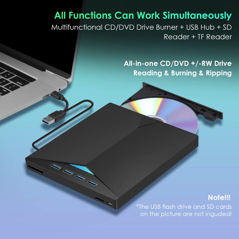 External CD/DVD Drive for Laptop, Type-C CD/DVD Player USB 3.0 Portable Burner Writer Reader Compatible with Mac MacBook Pro/Air iMac Desktop Windows 7/8/10/XP/Vista (Black2) Black2