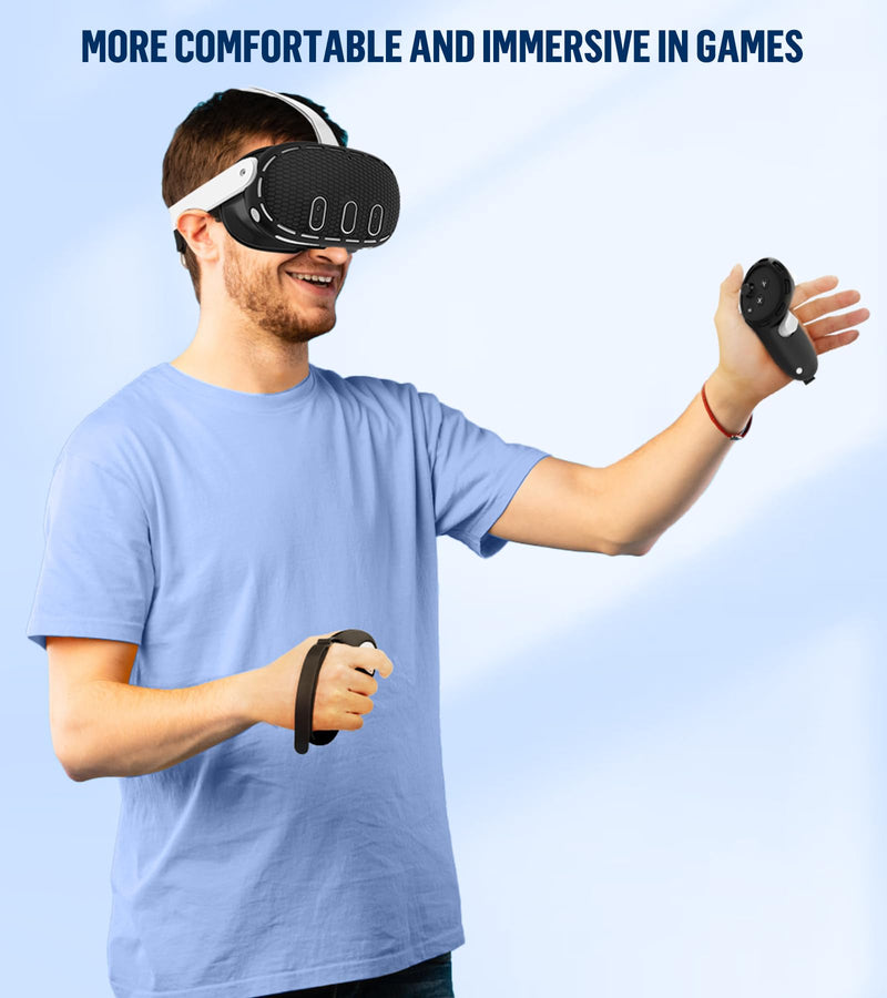 [AUSTRALIA] - Silicone Cover Set Compatible with Oculus/Meta Quest 3 Accessories, Touch Controller Grips Cover, VR Shell Cover, Facial Interface Cover, Protective Lens Cover, Tempered Glass Lens Caps (Black) Black 
