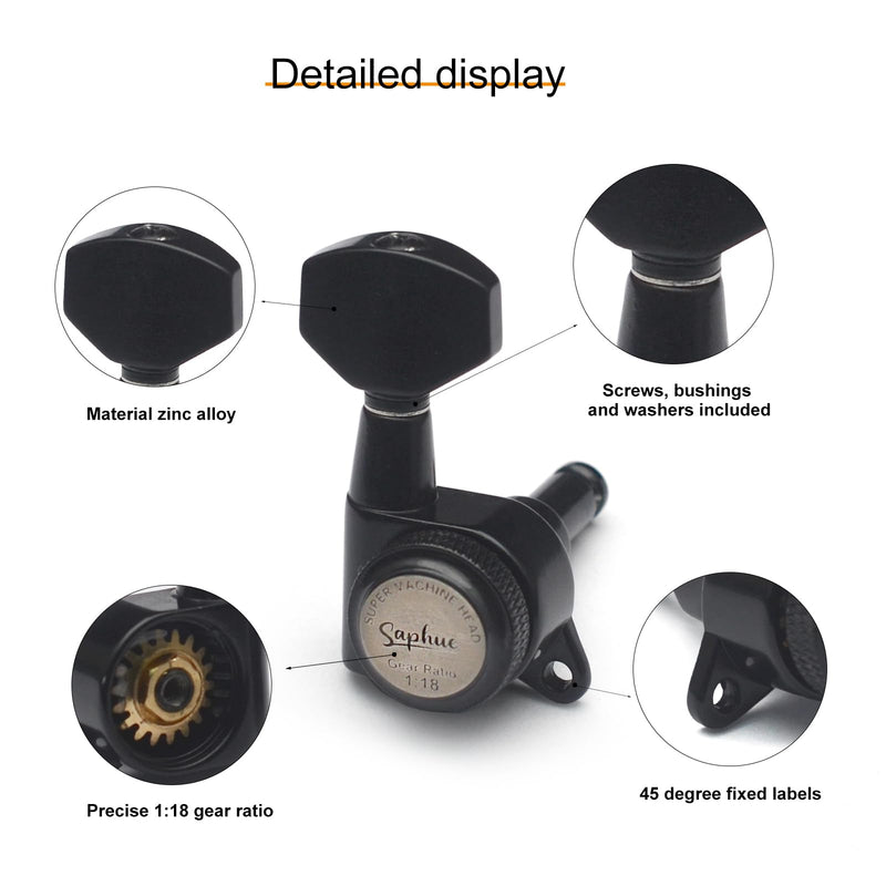 SAPHUE 6R Guitar Locking Tuners 1:18 Lock String Tuning Key Pegs Machine Head with Hexagonal Handle Replacement for Electric Folk or Acoustic Guitars (Black) Black