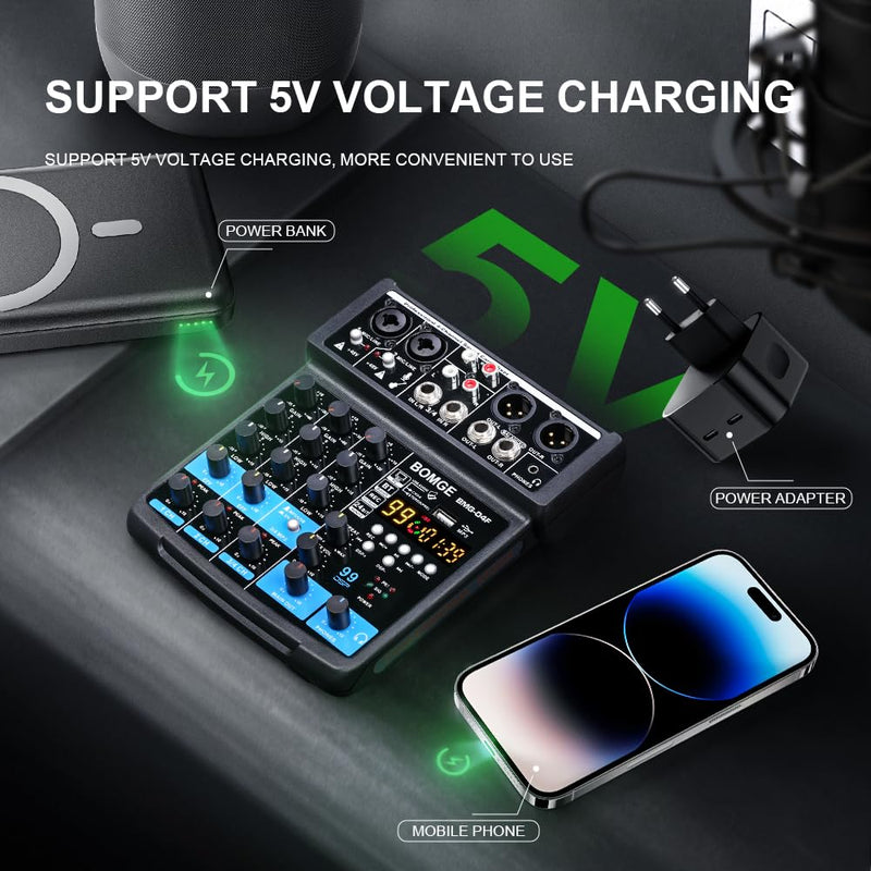 [AUSTRALIA] - BOMGE 4 Channel mini DJ Audio Sound Mixer Interface with MP3、 USB, Bluetooth, Stereo Recording, 48V Phantom Power, 99 DSP for karaoke, performance, church singing, podcas streaming BLACK-04F 