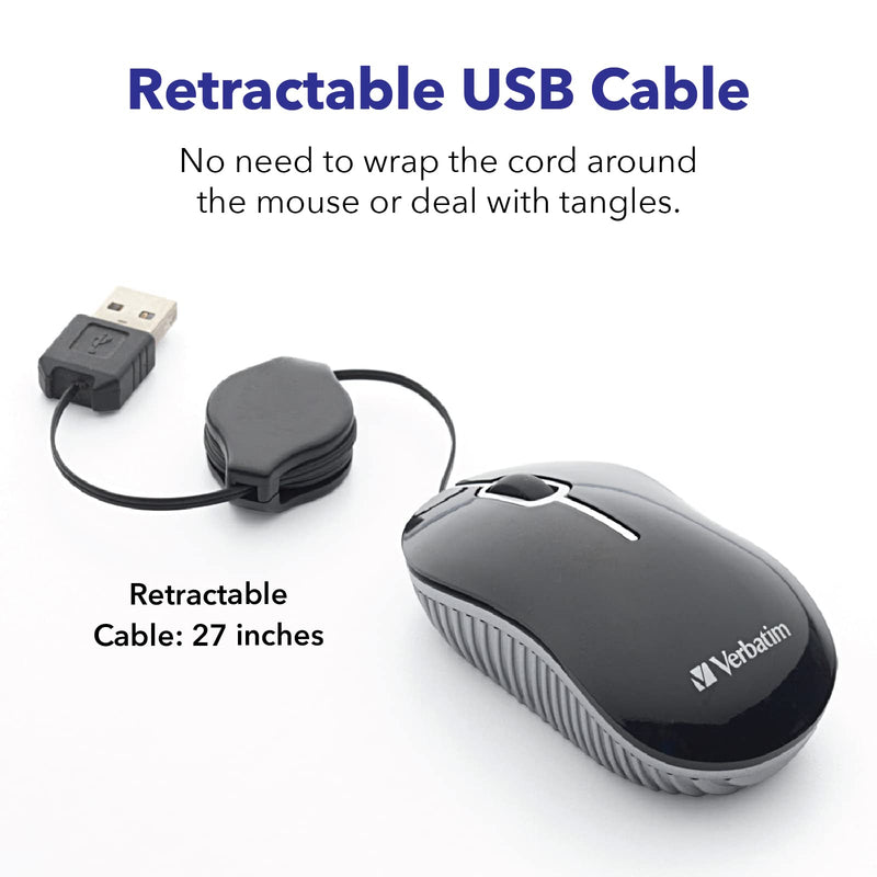 Verbatim USB Corded Mini Travel Optical Wired Mouse for Mac and PC - Commuter Series Blue