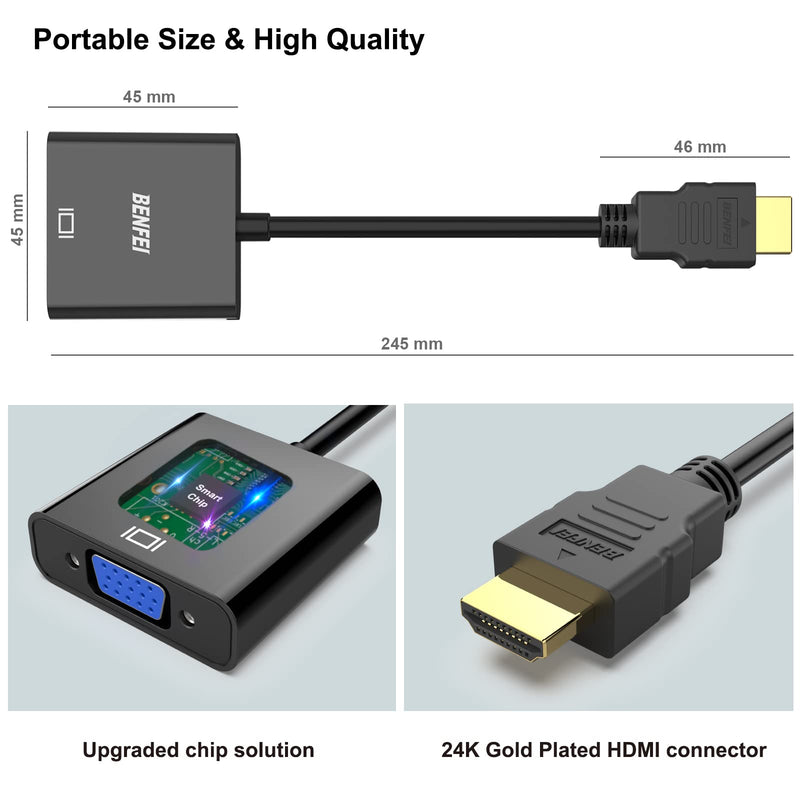BENFEI HDMI to VGA, 5 Pack, Gold-Plated HDMI to VGA Adapter (Male to Female) for Computer, Desktop, Laptop, PC, Monitor, Projector, HDTV, Chromebook, Raspberry Pi, Roku, Xbox and More - Black