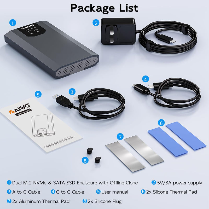 MAIWO Dual-Bay M.2 SSD Enclosure Cloner for NVMe & SATA, USB3.2 GEN2X2 10Gbps M.2 Duplicator Supports Bidirectional Offline Clone for SSDs Sizes 2230/2242/2260/2280