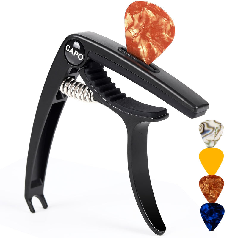 Guitar Capo, 3in1 Zinc Metal Capo for Acoustic and Electric Guitars (with Pick Holder and 4Picks),Ukulele,Mandolin,Banjo,Guitar Accessories (Black) black