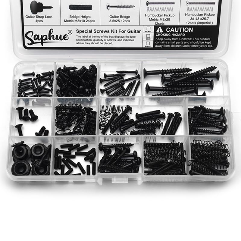 SAPHUE Guitar Screw Kit,201pcs Telecaster Kit, Pickguard Screws， Switch Plate Screws,For Fender/Tele/Strat/Sq,Tuner,Machine Head, Neck Plate,Guitar Strap End Pins,Pickup,Bridge, Guitar Repair Kit multi-size Black