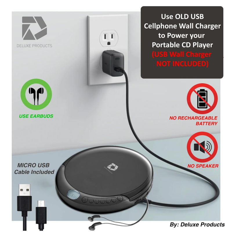 Deluxe Products CD Player Portable with 60 Second Anti Skip, Stereo Earbuds, Includes Aux in Cable and AC USB Power Cable for use at Home or in Car Black_CD