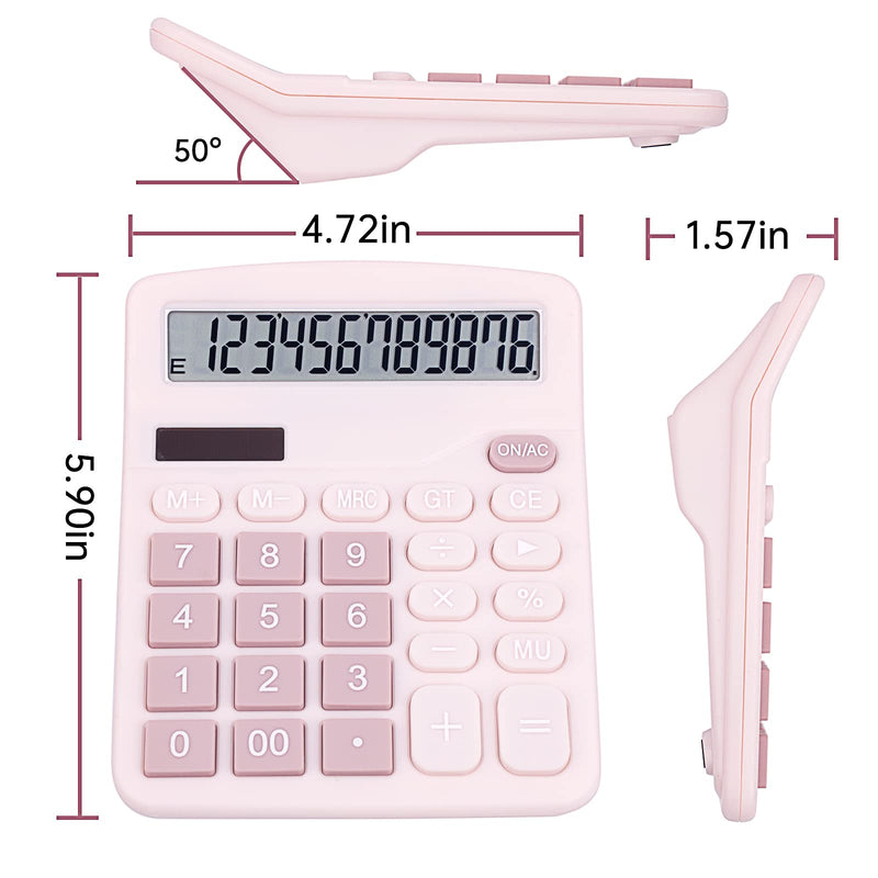 Cute Pink Desktop Calculator with Big Buttons, Dual Power Source, Solar and Battery, Large Display Screen - Perfect for Office, Teachers, and Students (Pink)