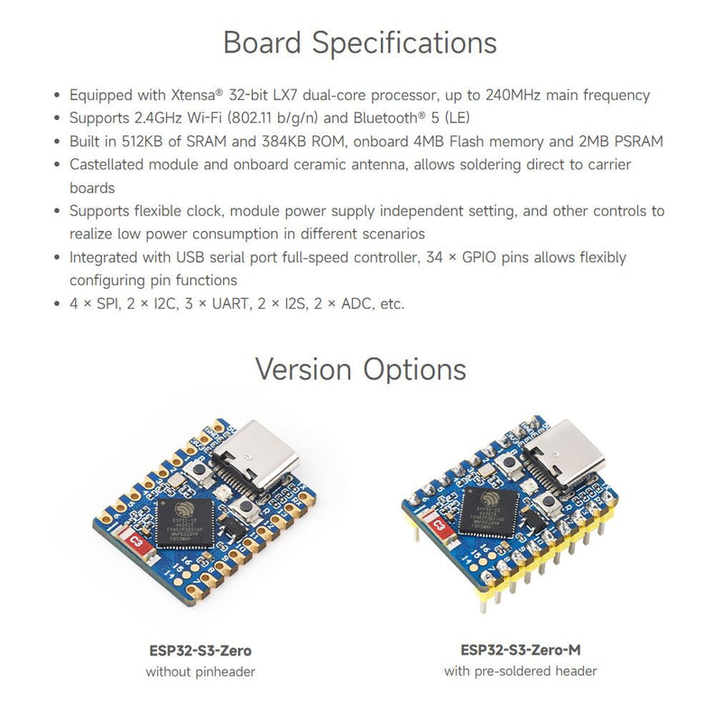 Waveshare ESP32-S3 Mini Development Board (2pcs), Based On ESP32-S3FH4R2 Dual-Core Processor, 240MHz Running Frequency, 2.4GHz Wi-Fi
