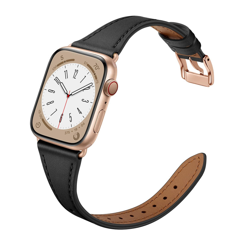 XCCYBTT Slim Leather Bands Compatible with Apple Watch Band 42mm 41mm 40mm 38mm, Genuine Leather Replacement Band for iWatch Series 10/9/8/7/6/5/4/3/2/1/SE Women, Black/Rose Gold and Black/Silver