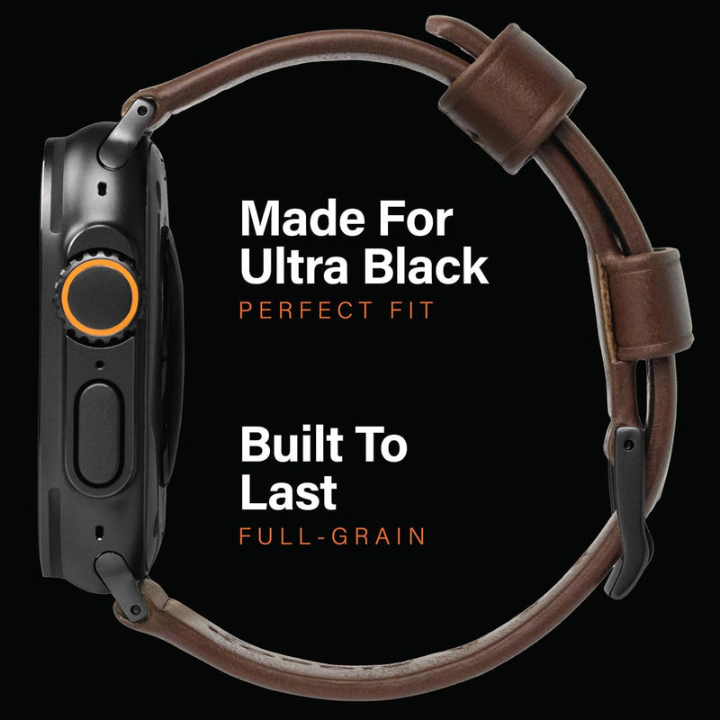 KORDIZ Modern Leather Band - Geniune Full-Grain Leather band compatible with Apple Watch band ULTRA 3 & ULTRA 2/1 [49mm] - Stylish and Durable Minimalist for Your Wrist - Rugged Patina Ultra Black (49mm) | Dark Brown