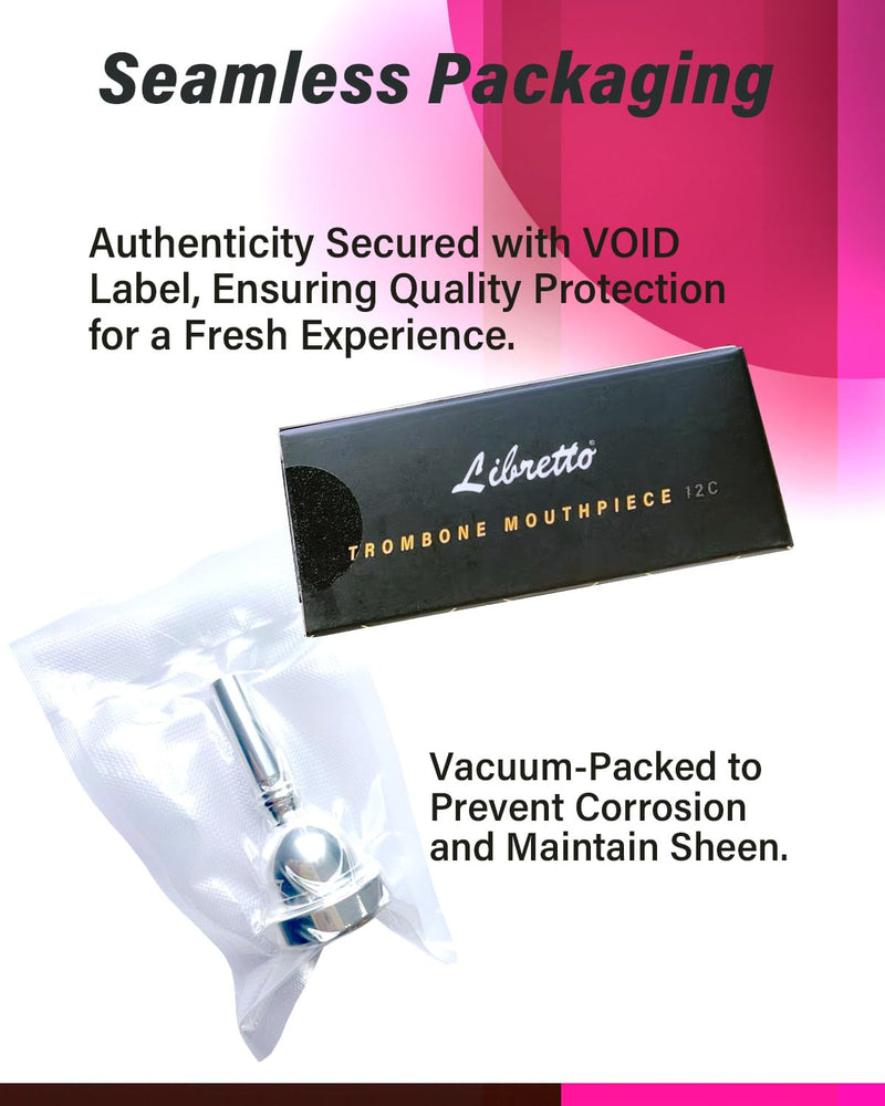 Libretto 12C Trombone Mouthpiece, 2μm Silver Plated Mouthpiece w/Vacuum Packing, Small Shank Compatible with Alto Trombone & Baritone, Designed for Beginner, Student, Jazz Player