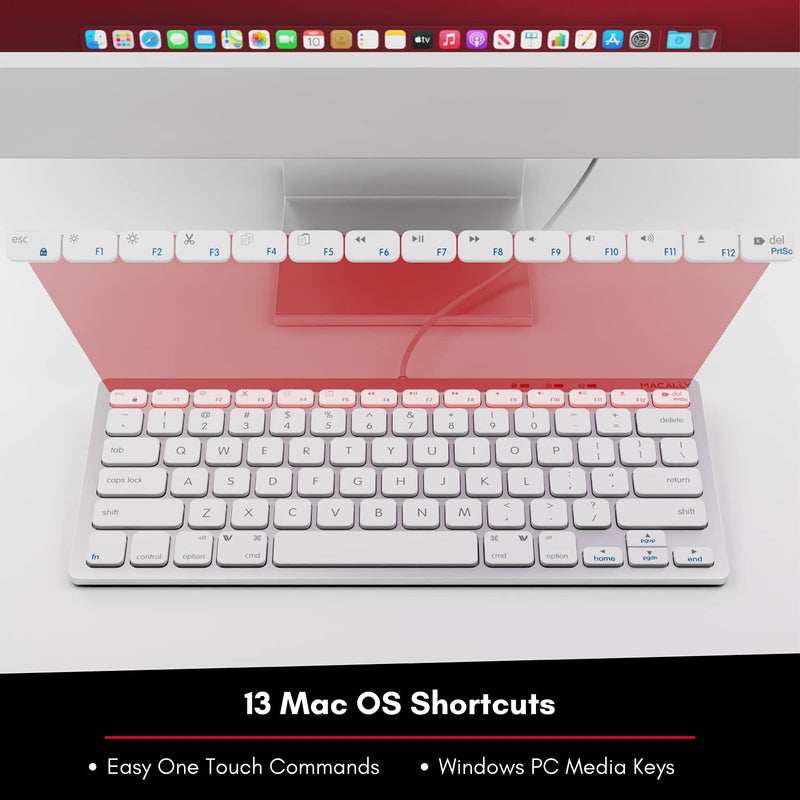 Macally Small Wired Keyboard for Mac and Windows - 78 Scissor Switch Keys Compatible Apple Keyboard - USB Mini Keyboard That Saves Space and Looks Great - Plug and Play Wired Mac Keyboard - Aluminum Silver Aluminum