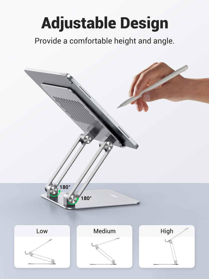 UGREEN Tablet Stand Holder for Desk Dual Rod Support Aluminum Tablet Holder Adjustable Dock Multi-Angle Riser Home Office Accessories Compatible with iPad Pro 12.9, iPad Air Mini 6 5 4 3 2 Silver