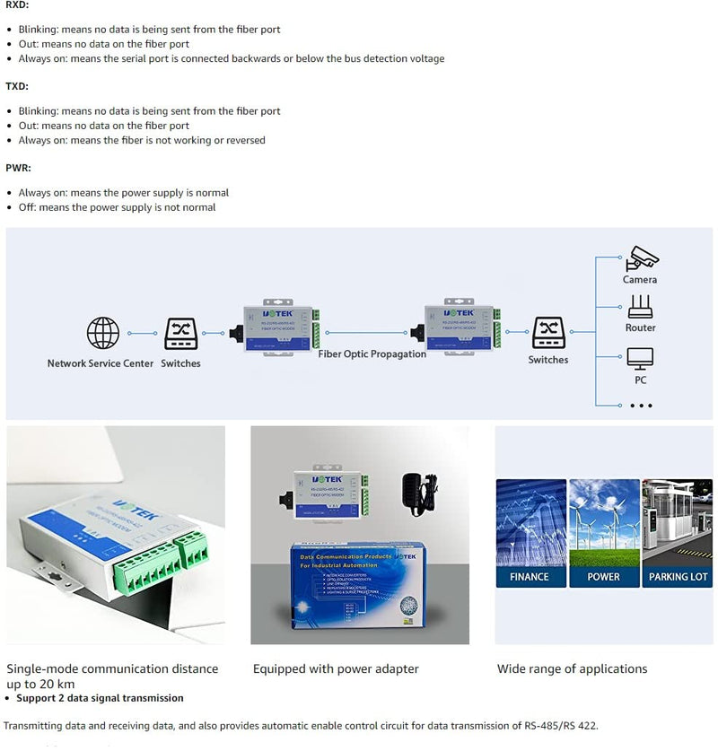 UTEK UT-277SM-ST RS-232/422/485 to Optical Fiber Media Converters