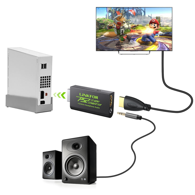LiNKFOR PS2 to HDMI Converter for Playstation 2 PS2 to HDMI Adapter with 3.5mm Headphone Audio Jack for HDTV HDMI Monitor (PS2 to HDMI Converter)