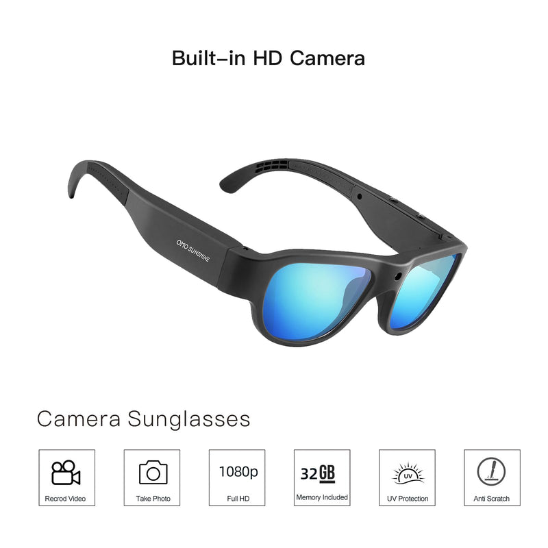 OhO sunshine Full HD 1080P Camera Sunglasses, Record-While-Charging, Water Resistant, UV Protection Lenses, Unisex Black Frame | Ice Blue Lens | 32g