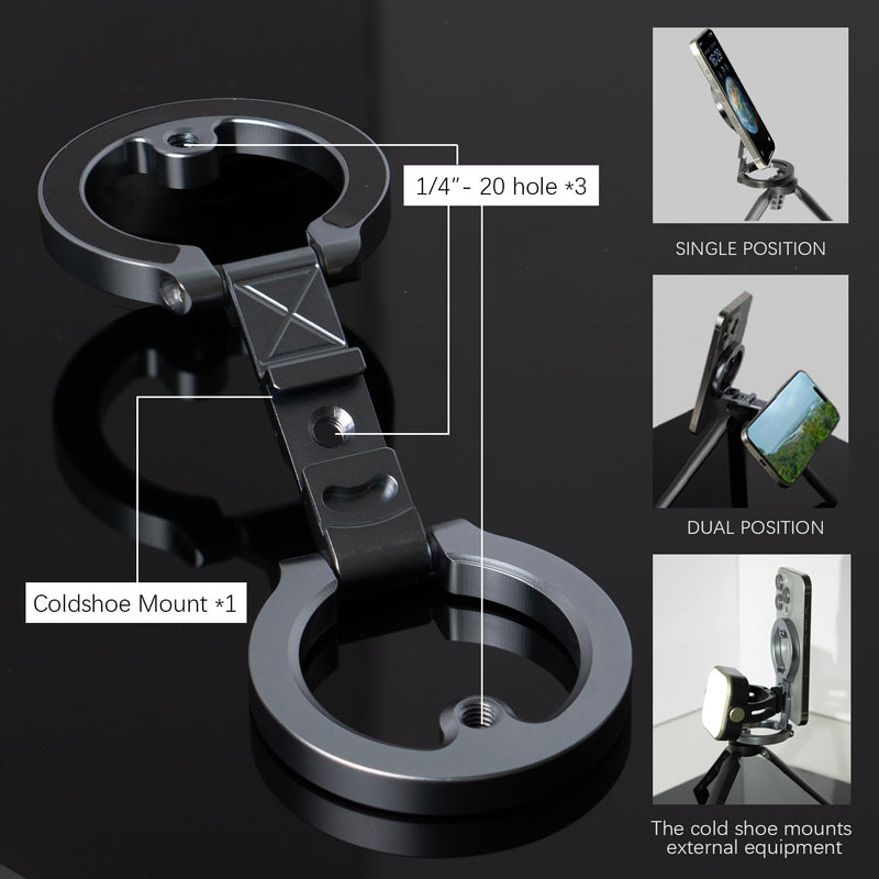 Dual Magnetic Phone Holder, 1/4" Screw Tripod Mount, Gym Magnetic Phone Stand for Car (Black) Black