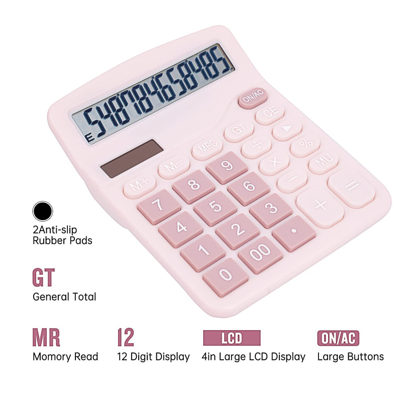 Cute Pink Desktop Calculator with Big Buttons, Dual Power Source, Solar and Battery, Large Display Screen - Perfect for Office, Teachers, and Students (Pink)