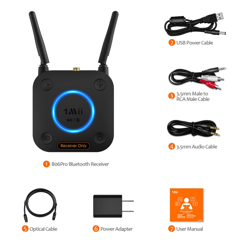 [AUSTRALIA] - [Upgraded] 1Mii B06Pro Long Range Bluetooth Receiver, HiFi Wireless Audio Adapter, Bluetooth 5.3 Receiver with 3D Surround aptX HD Low Latency Optical RCA AUX 3.5mm Coaxial for Home Stereo System B06Pro Black 
