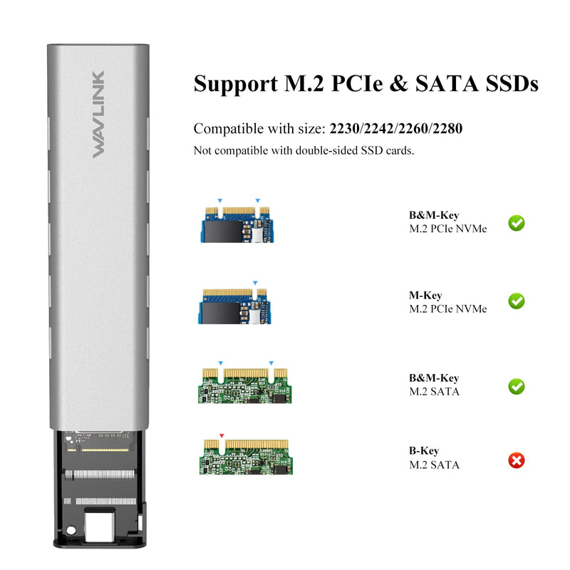 WAVLINK NVMe Enclosure, NVMe to USB 10Gbps Aluminum External M.2 NVMe and SATA SSD Enclosure, Supports UASP Trim for M-Key/B+M Key NVMe PCIe and SATA SSDs in Sizes 2230/2242/2260/2280, up to 8TB