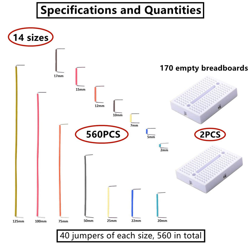 [AUSTRALIA] - HUAZIZ Pack of 560 Jumper Cable Wire Kit, 14 Different Lengths Jump Leads Breadboard Jumper Wires with Plastic Box for Breadboard, Two 170 Contacts Breadboard Pack of 560 cable jumper cable wire kit 