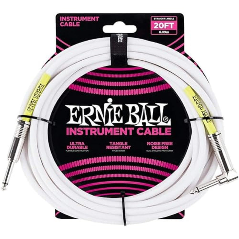 [AUSTRALIA] - Ernie Ball Instrument Cable, Straight/Angle, 20ft, White (P06047) 20 feet 