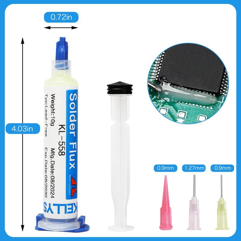 KELLYSHUN KL-558 Flux Soldering, 10 ml No-Clean Lead-Free Rosin Flux (1 Piece) 2.5 mm / 1.5 m Desoldering Braid (Pack of 3) Suitable for Mobile Phone Soldering, BGA, Household Appliance Repairs Flux (1 piece) desoldering braid (3 pieces)