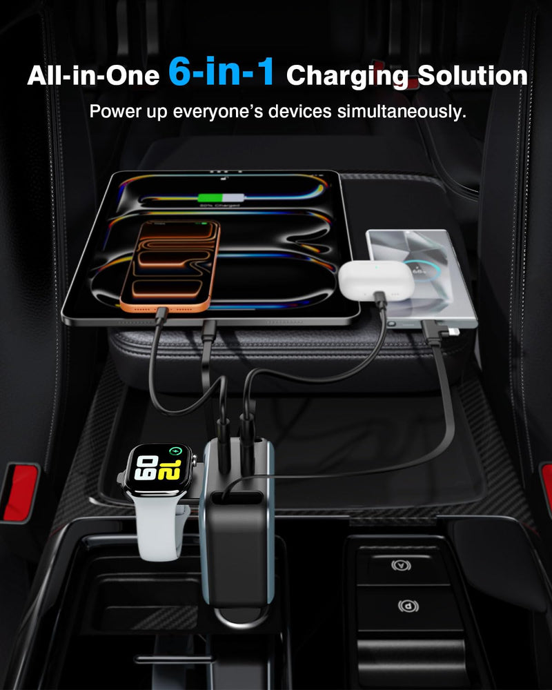 6 in 1 Retractable Car Charger, 100W USB C + USB A Fast Charging for iPhone 17/16/15/14/13/12/11, iWatch, Android, Travel Essentials Car Accessories, Gift for Men & Women Grey