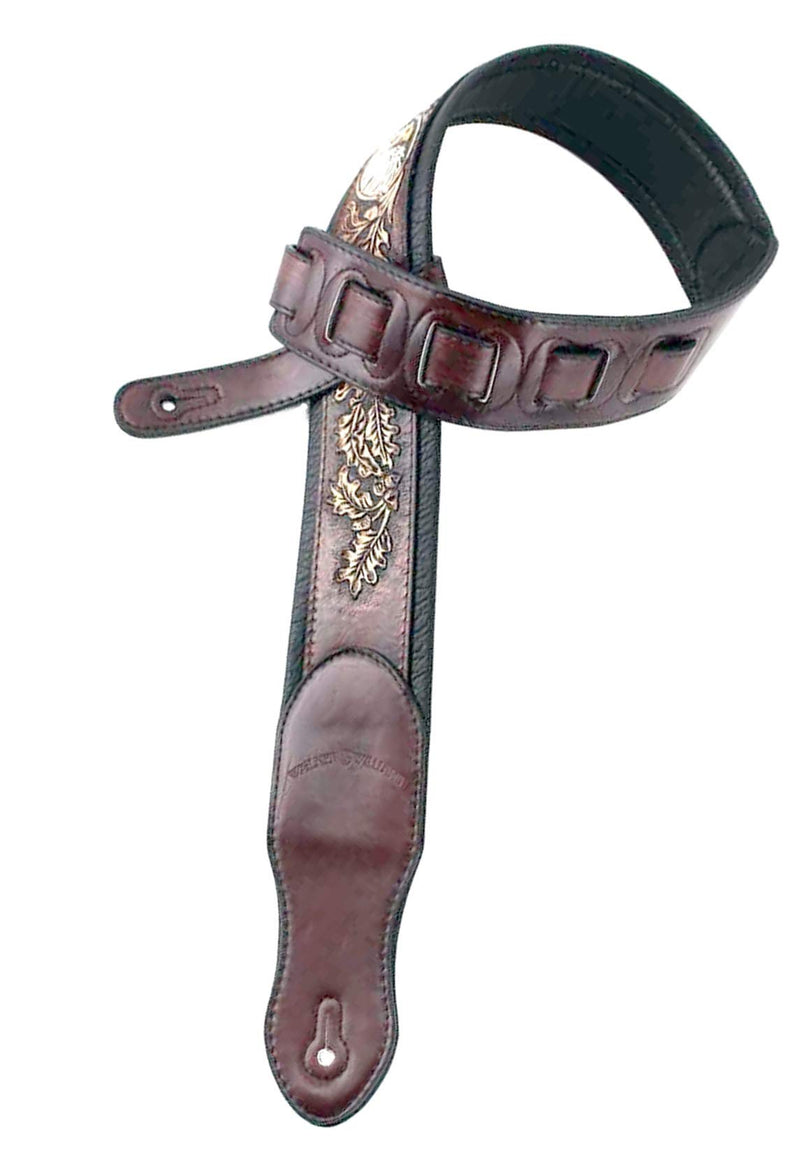 Walker & Williams KB-03-BRN Walnut Brown Full Grain Center Block Carving Leather Padded Guitar Strap With American Eagle & Oak Leaves For Acoustic, Electric, And Bass Guitars
