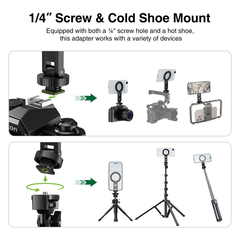 [AUSTRALIA] - elitehood Magsafe Tripod Mount Adapter with 1/4” Screw & Hot Shoe, Lightweight Compact Cell Phone Tripod Mount for Camera, iPhone Camera Holder with Dual Hinges for iPhone 17 16 15 14 13 Series 
