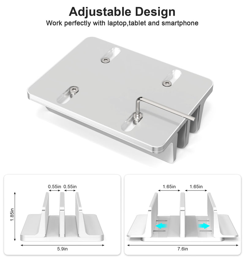 New Vertical Laptop Stand, Adjustable 2 Slot Aluminum Desktop Holde(Up to 17.3 inch), Fits All MacBook/Microsoft Surface/HP/Dell/ChromeBook/iPad and Gaming Laptops (Silver) Silver