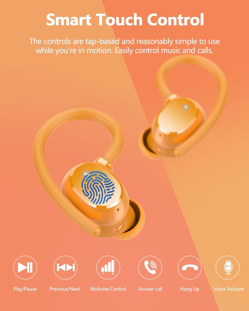 Ear buds Wireless Bluetooth Earbuds Sport 2026 NEW Bluetooth 5.3 Headphones with LED Display 128H Playtime Powerful Bass Over Ear Earphones with Earhooks IP7 Waterproof for Gym/Running/Workout Orange