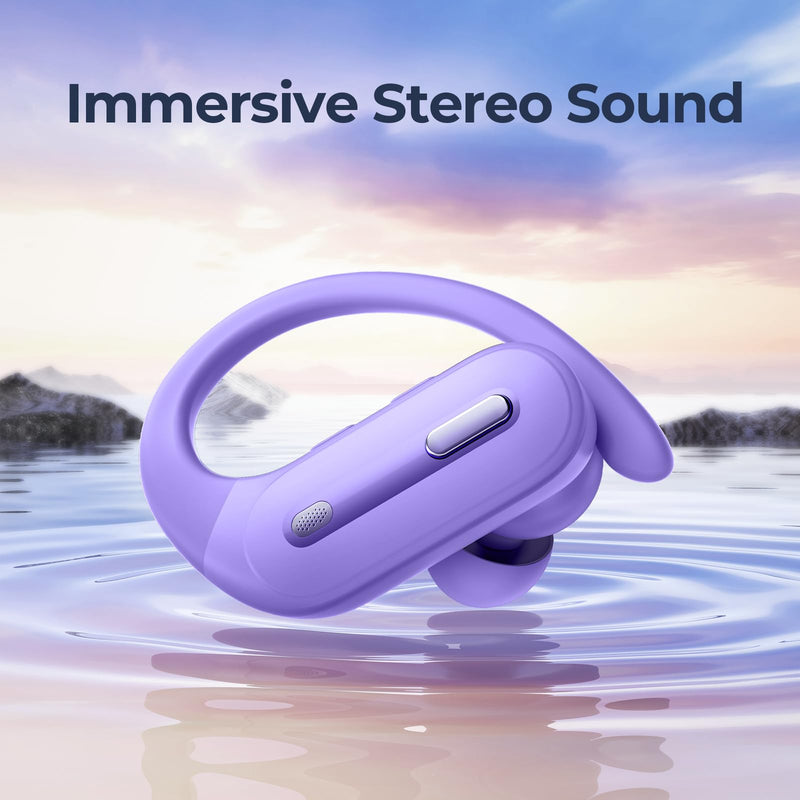 GNMN Active Noise Cancelling Ear Buds Wireless Earbuds 90Hrs Playtime Hi-Res Stereo Deep Bass Power Display Earphones with Earhooks Waterproof Transparency Headset for Sports/Gym Light Purple
